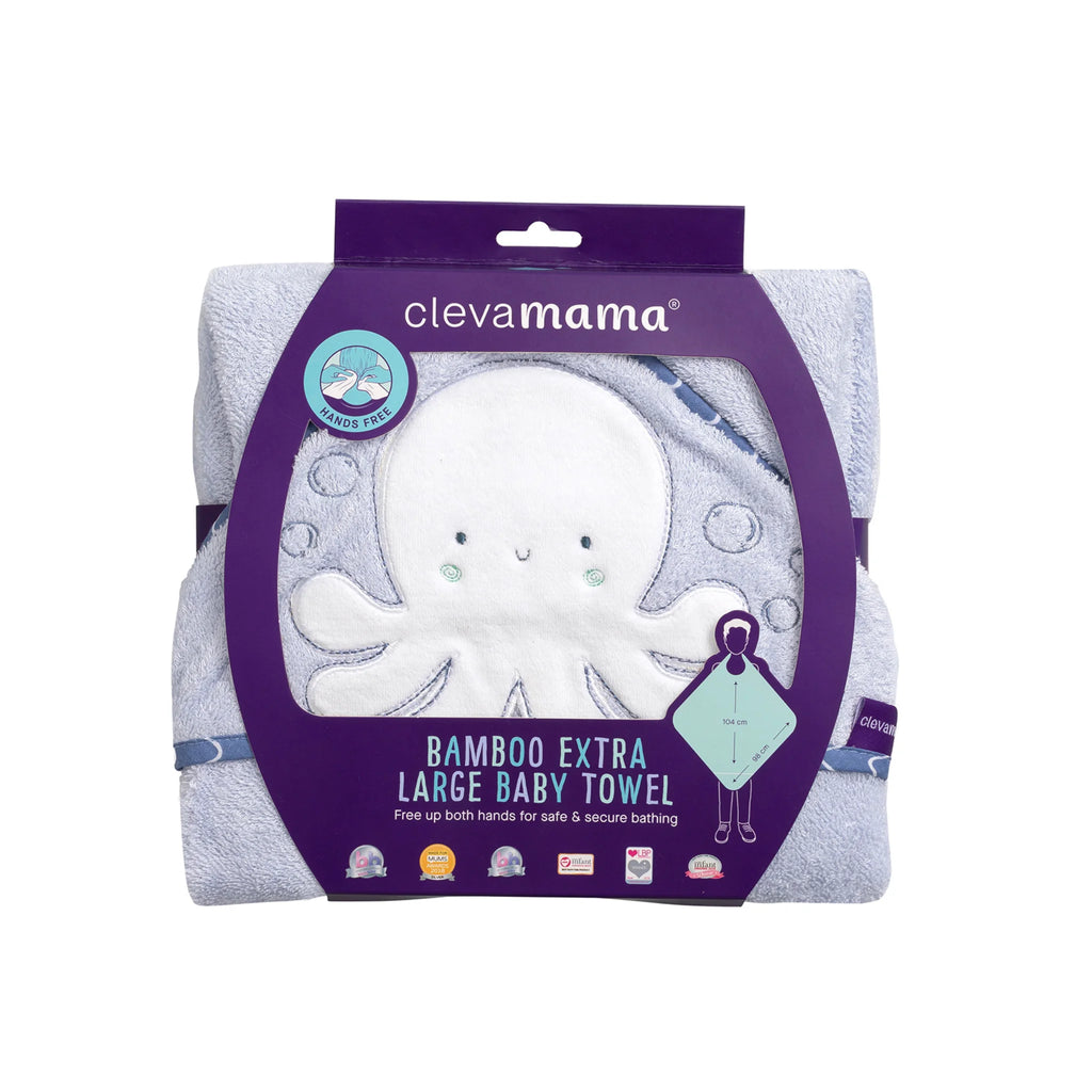Clevamama bamboo extra large baby towel packaging with purple label and octopus design.
