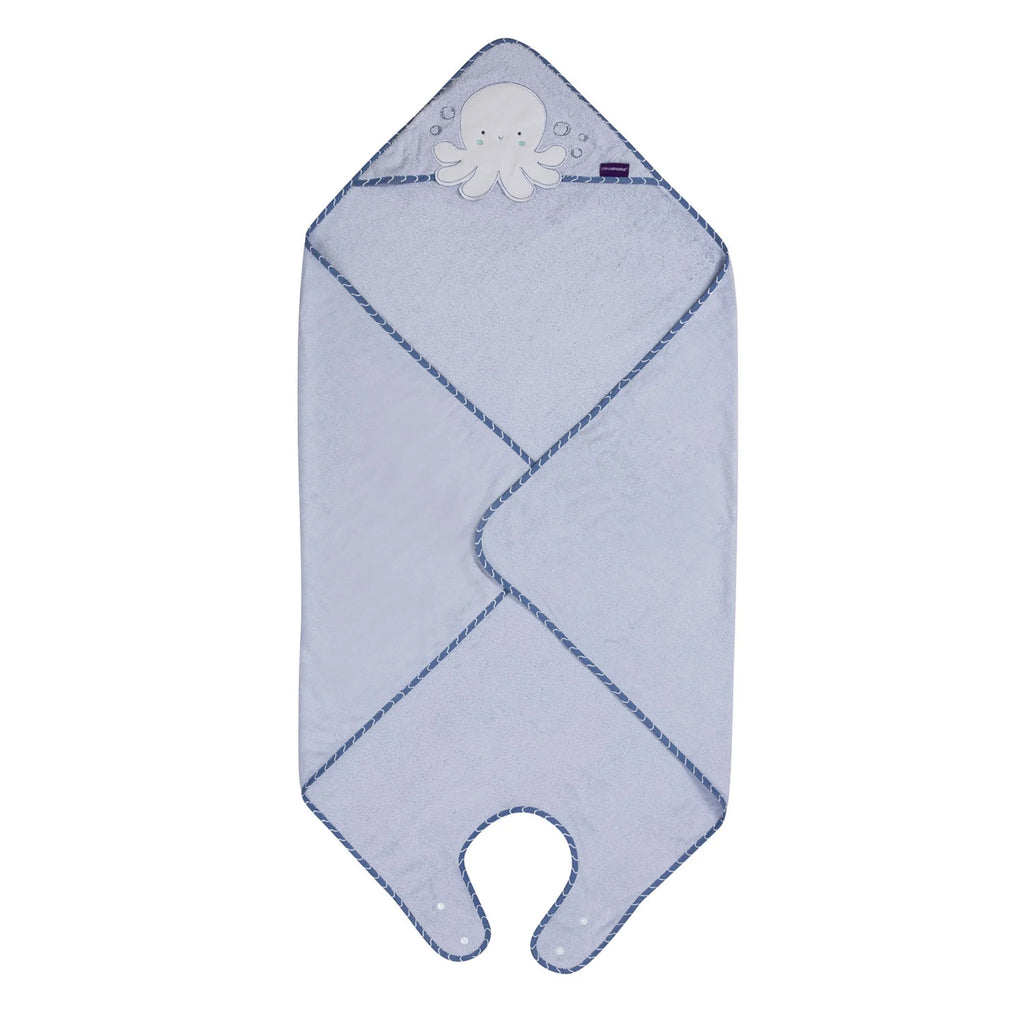 Blue baby hooded towel with octopus design on a white background