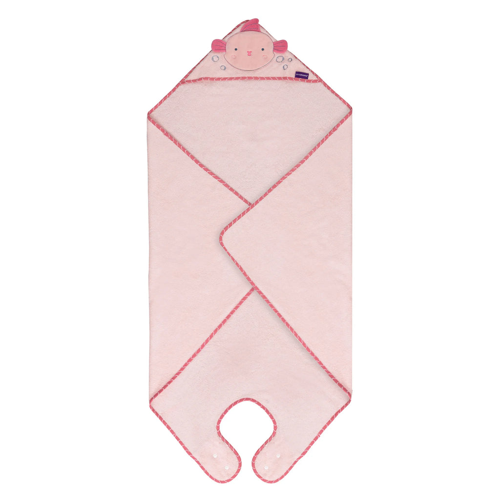 Pink baby apron towel with embroidered axolotyl.