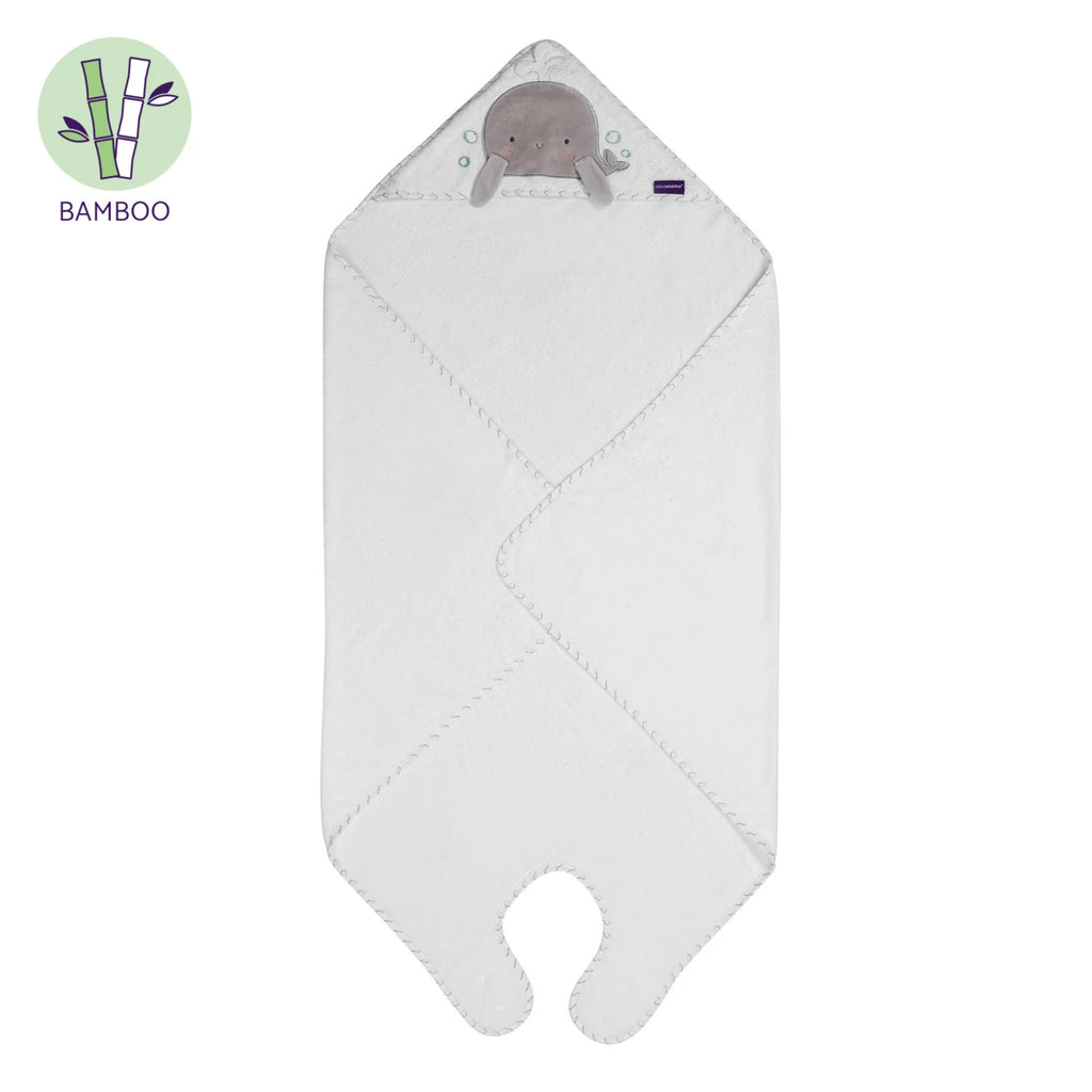 ClevaMama bamboo extra large apron baby bath towel,soft hypoallergenic and eco-friendly hooded towel with apron design for hands-free drying after bath time.