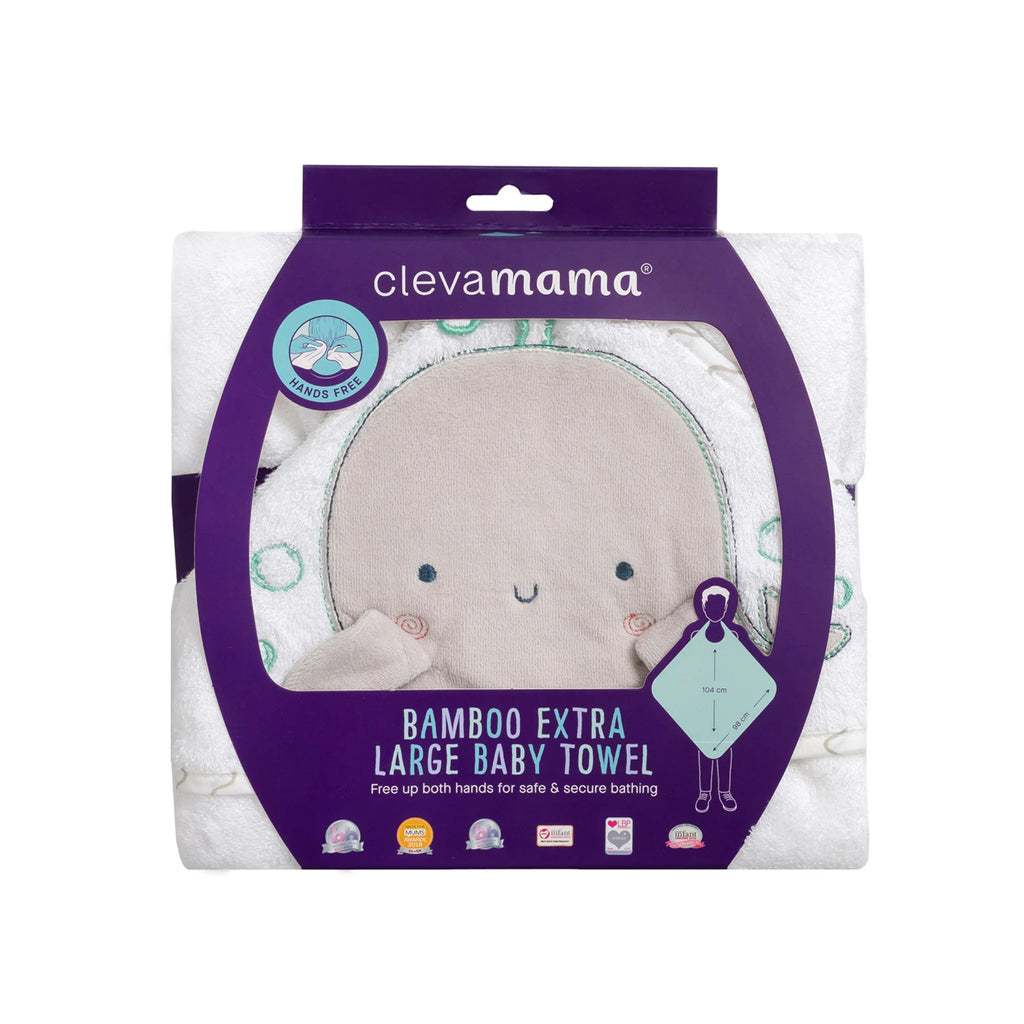 ClevaMama bamboo extra large baby bath towel packaging with whale hood design – eco-friendly apron towel for hands-free drying, ultra-soft, absorbent and hypoallergenic bamboo fabric.