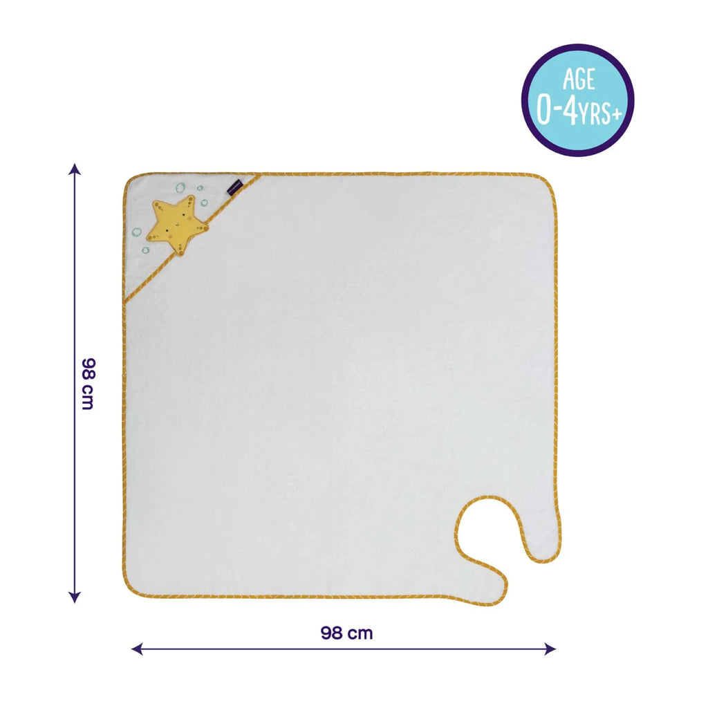 ClevaMama bamboo extra large apron baby bath towel with starfish hood design – 98 x 98 cm hooded towel for newborns to toddlers age 0–4 years, ultra-soft, absorbent and eco-friendly