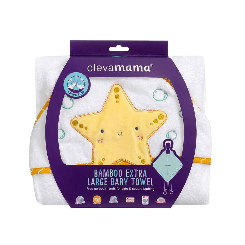 ClevaMama bamboo extra large baby bath towel packaging with starfish hood design – eco-friendly hands-free apron towel for newborns and toddlers, ultra-soft, absorbent and hypoallergenic bamboo fabric.