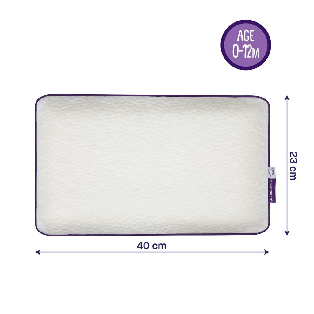 Clevamama ClevaFoam Baby Pillow for infants aged 0-12 months, ergonomic breathable memory foam pillow with hypoallergenic washable cover, dimensions 40cm x 23cm, designed to prevent flat head syndrome.