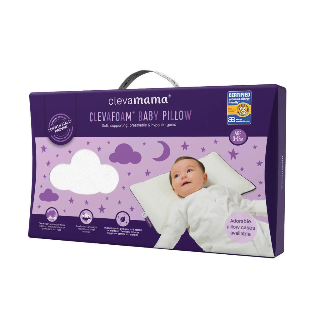Clevamama ClevaFoam Baby Pillow packaging, ergonomic breathable memory foam pillow for infants aged 0-12 months, scientifically proven to prevent flat head syndrome, hypoallergenic and asthma-friendly certified with washable cover.