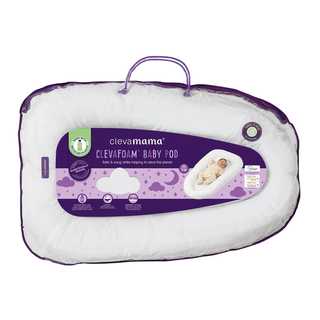 ClevaFoam Baby Pod in retail packaging ClevaMama ergonomic newborn pod bed with soft padded sides, safe sleep support, portable baby lounger for travel and anti-flat head protection.