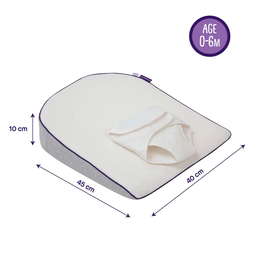 ClevaMama ClevaFoam Elevated Support Baby Wedge Pillow with adjustable harness, suitable for newborns 0–6 months, measuring 45 x 40 x 10 cm, designed to ease reflux, congestion and colic while promoting safe sleep and comfort.