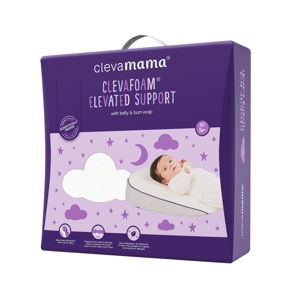 Clevamama ClevaFoam Elevated Support with belly and bum wrap for newborns, shown in purple retail packaging with baby illustration. Scientifically proven baby reflux relief wedge pillow, hypoallergenic, breathable, and supportive infant sleep positioner.