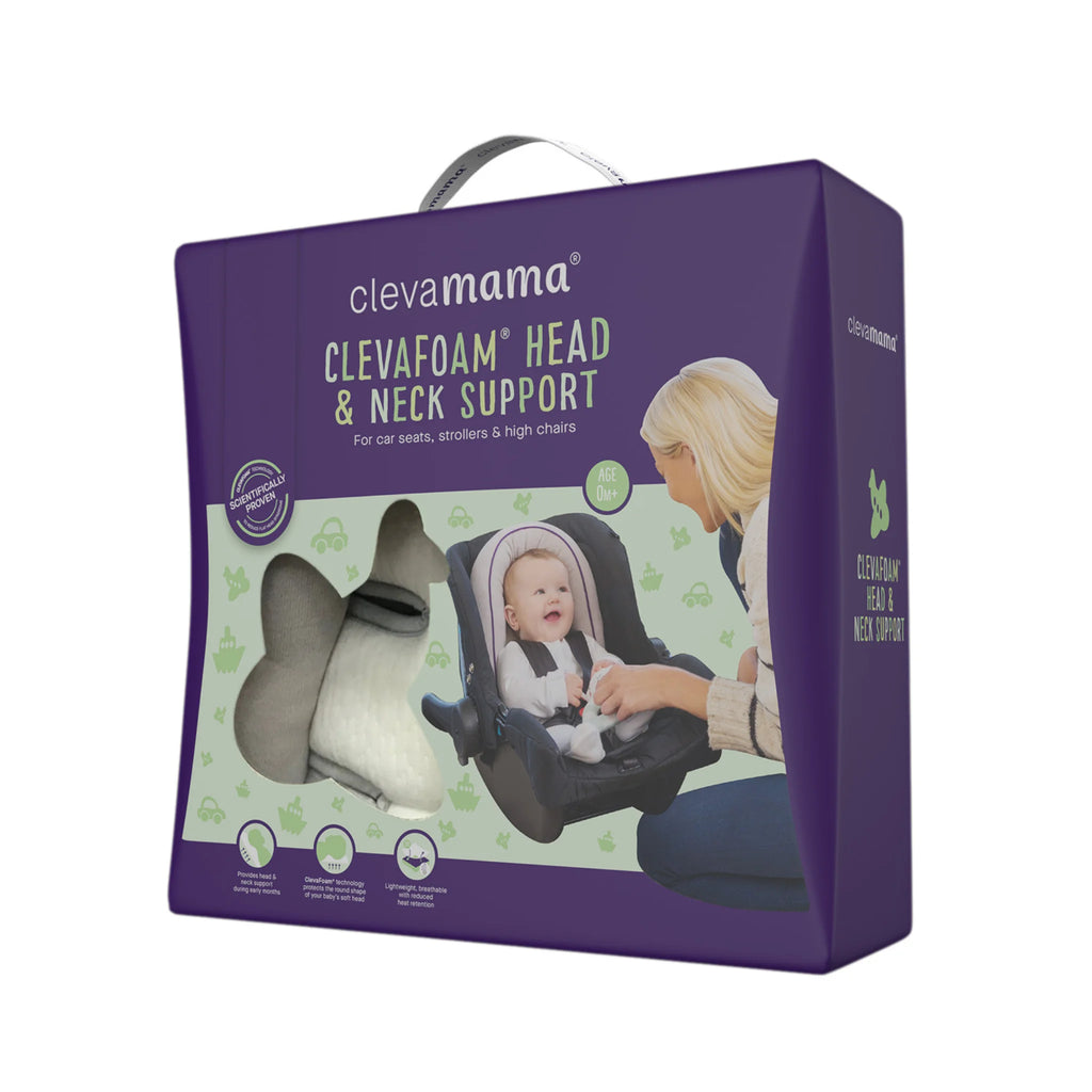 ClevaMama ClevaFoam Head & Neck Support packaging, ergonomic baby cushion insert for car seats, strollers and high chairs, breathable hypoallergenic support to prevent flat head and provide comfort.