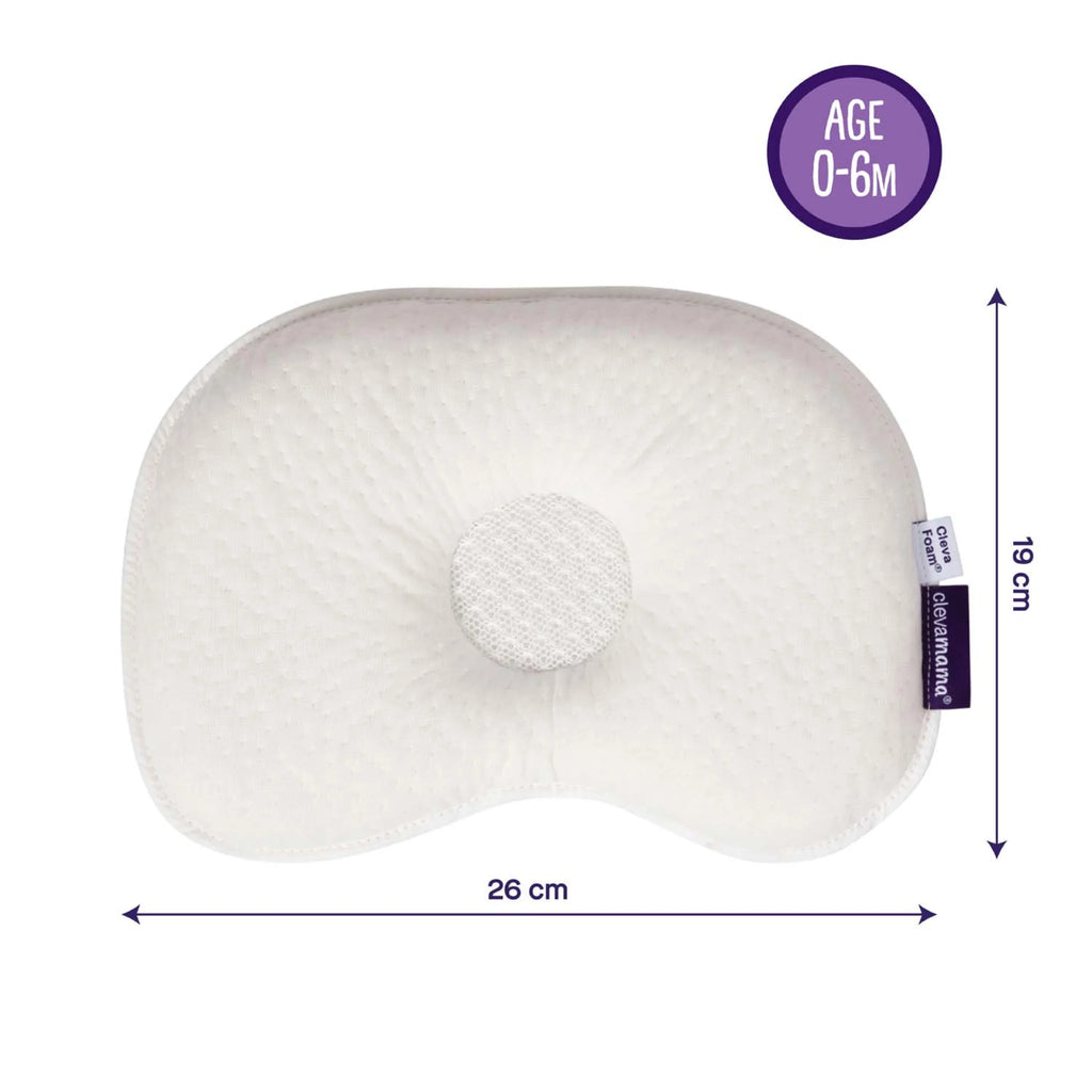 "Clevamama ClevaFoam Baby Pillow for newborns, ergonomic design with central support to prevent flat head syndrome, suitable for infants aged 0-6 months, breathable hypoallergenic fabric, dimensions 26cm x 19cm.