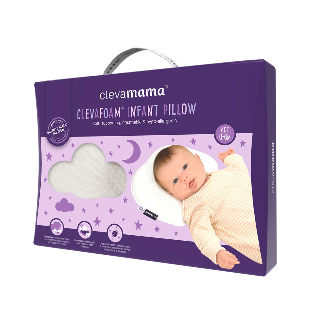 Clevamama ClevaFoam Infant Pillow packaging, ergonomic baby pillow for newborns 0-6 months, scientifically proven to help prevent flat head syndrome, breathable hypoallergenic support, soft foam with removable cover.