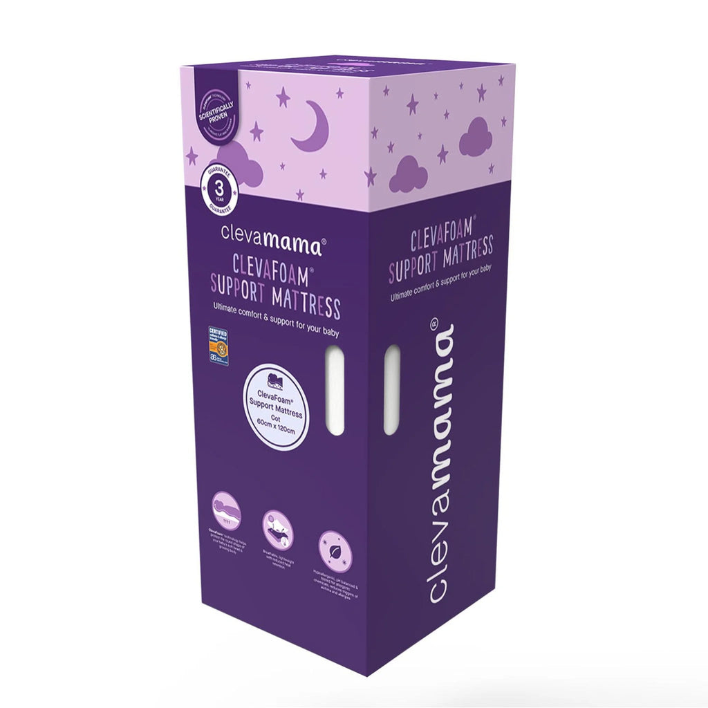 Clevamama ClevaFoam Support Mattress packaging box – breathable hypoallergenic baby and toddler cot mattress with advanced ClevaFoam technology for comfort, support and safe sleep.
