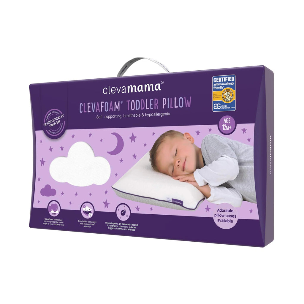 Clevamama ClevaFoam Toddler Pillow packaging, ergonomic breathable memory foam pillow for children aged 12 months+, scientifically proven to prevent flat head syndrome, hypoallergenic and asthma-friendly certified with washable cover.