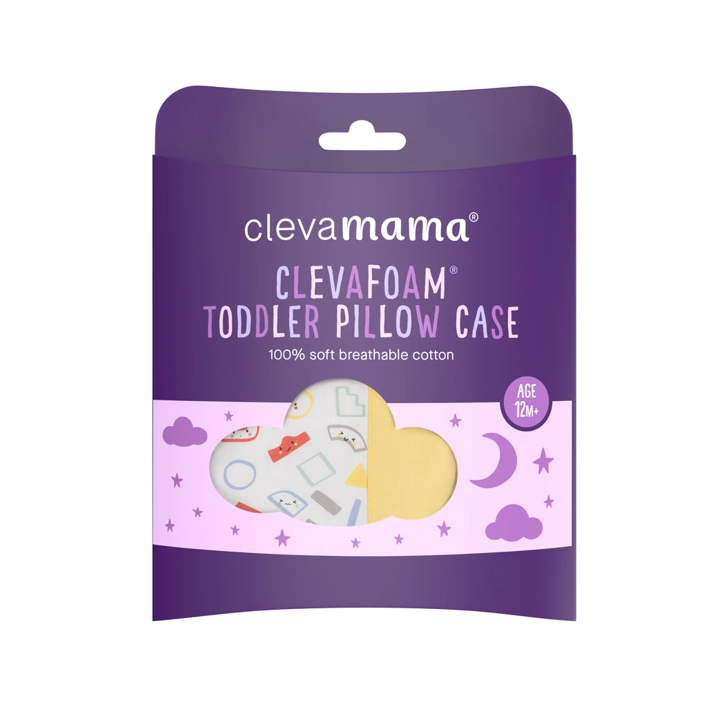 Clevamama ClevaFoam Toddler Pillow Case – 100% soft breathable cotton, suitable for age 12 months+, colorful design packaging.