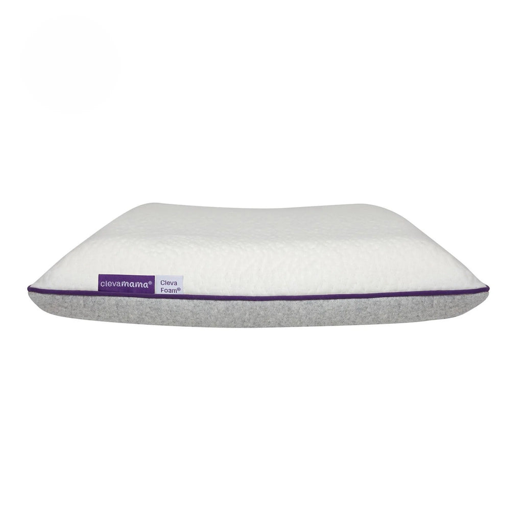Clevamama ClevaFoam Toddler Pillow side view, ergonomic breathable memory foam pillow with hypoallergenic washable cover, designed for children 12 months+ to support head and neck alignment and promote safe, comfortable sleep.
