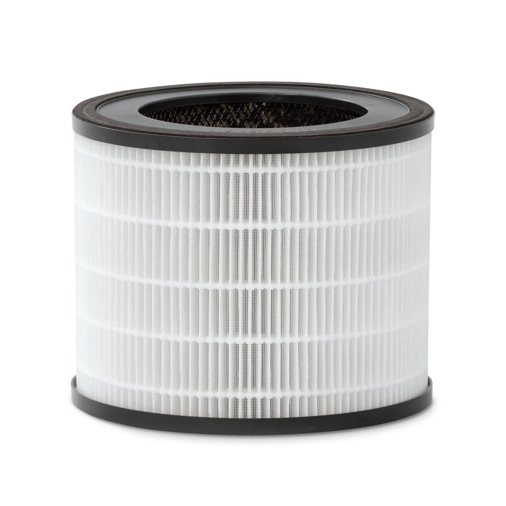 Cylindrical air filter with black rim on a white background