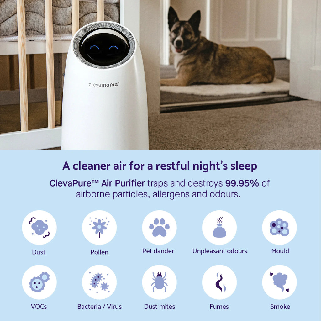ClevaPure™ Air Purifier by ClevaMama in nursery with dog nearby – removes 99.95% of airborne particles, allergens, and odours including dust, pollen, mould, pet dander, VOCs, bacteria, viruses, dust mites, fumes, and smoke, ensuring cleaner air and restful sleep for babies and families