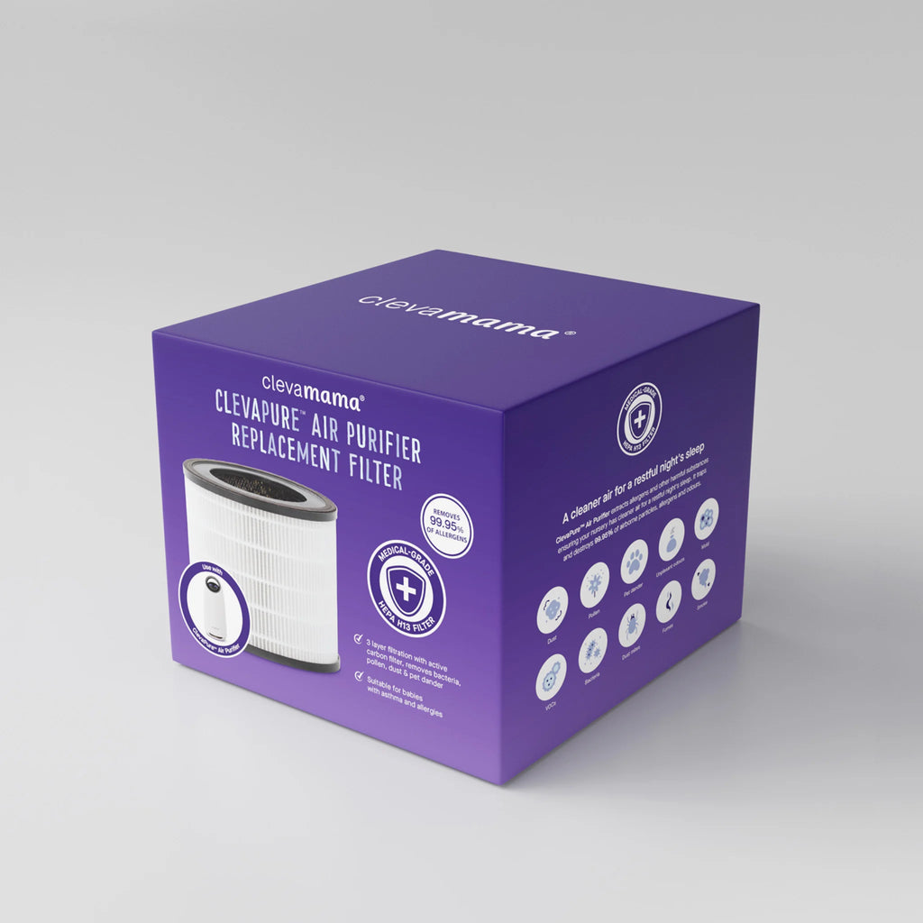 ClevaMama ClevaPure™ Air Purifier Replacement Filter packaging – medical-grade HEPA H13 and active carbon filter, ozone-free, removes 99.95% of airborne allergens, dust, pollen, mould, bacteria, viruses, smoke and odours, designed for nurseries and family homes