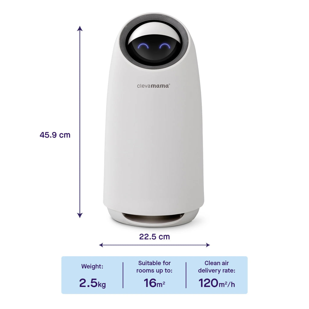 ClevaPure™ Air Purifier by ClevaMama – compact nursery air purifier, 45.9 cm tall, 22.5 cm wide, lightweight 2.5kg, suitable for rooms up to 16m², clean air delivery rate 120m³/h