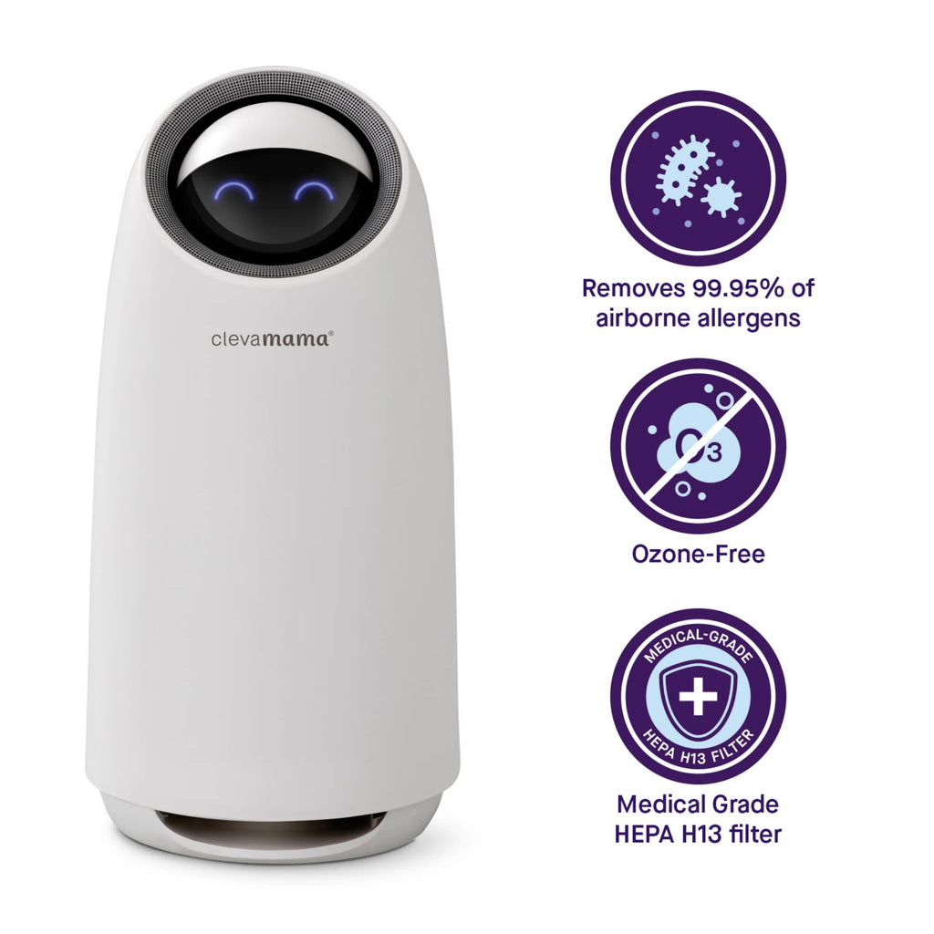 ClevaPure™ Air Purifier by ClevaMama with medical-grade HEPA 13 filter, ozone-free, removes 99.95% of airborne allergens – safe for baby’s nursery