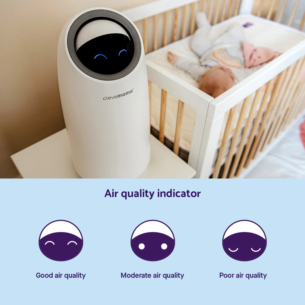 ClevaPure™ Air Purifier by ClevaMama with air quality indicator – smart display shows good, moderate, or poor air quality levels, ensuring safer breathing and healthier indoor air for babies and nurseries