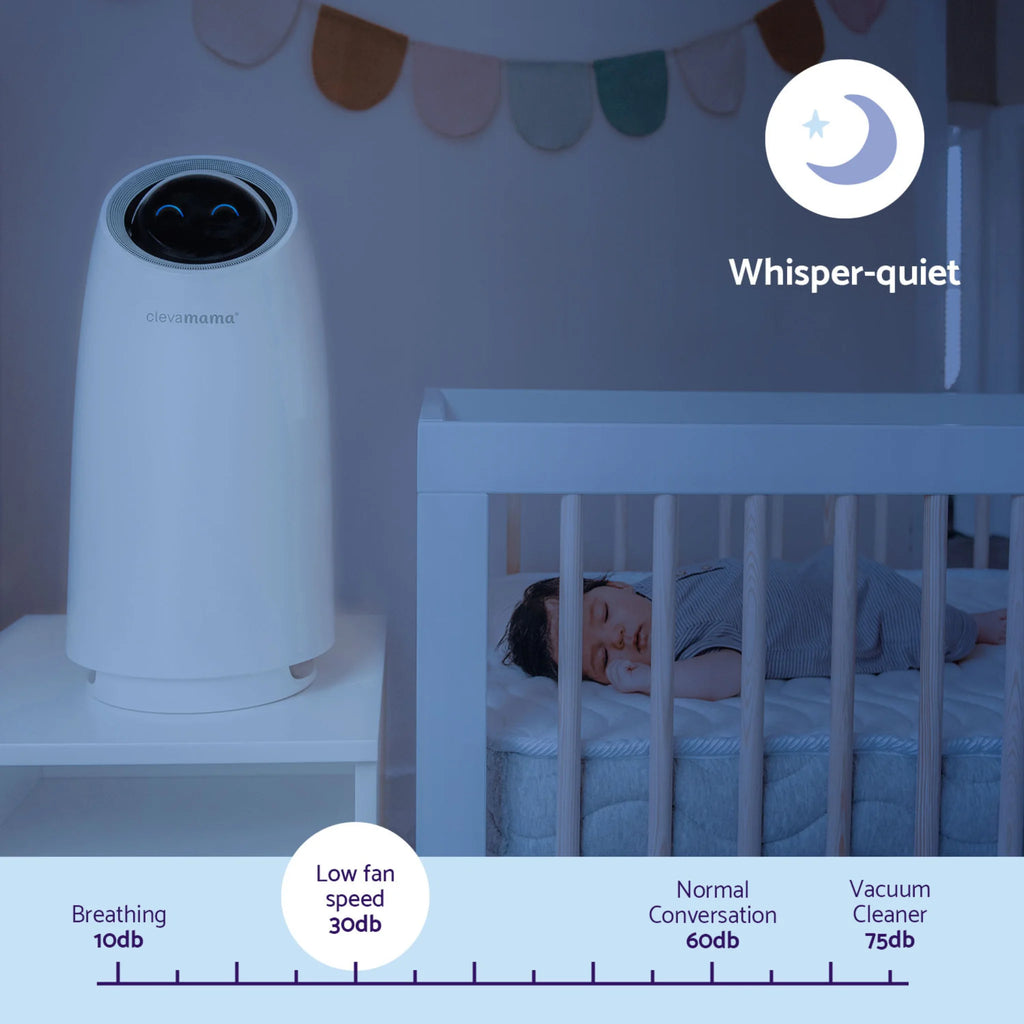 ClevaPure™ Air Purifier by ClevaMama – whisper-quiet operation at only 30dB, quieter than a normal conversation, ideal for use in a baby’s nursery to ensure clean air and undisturbed sleep