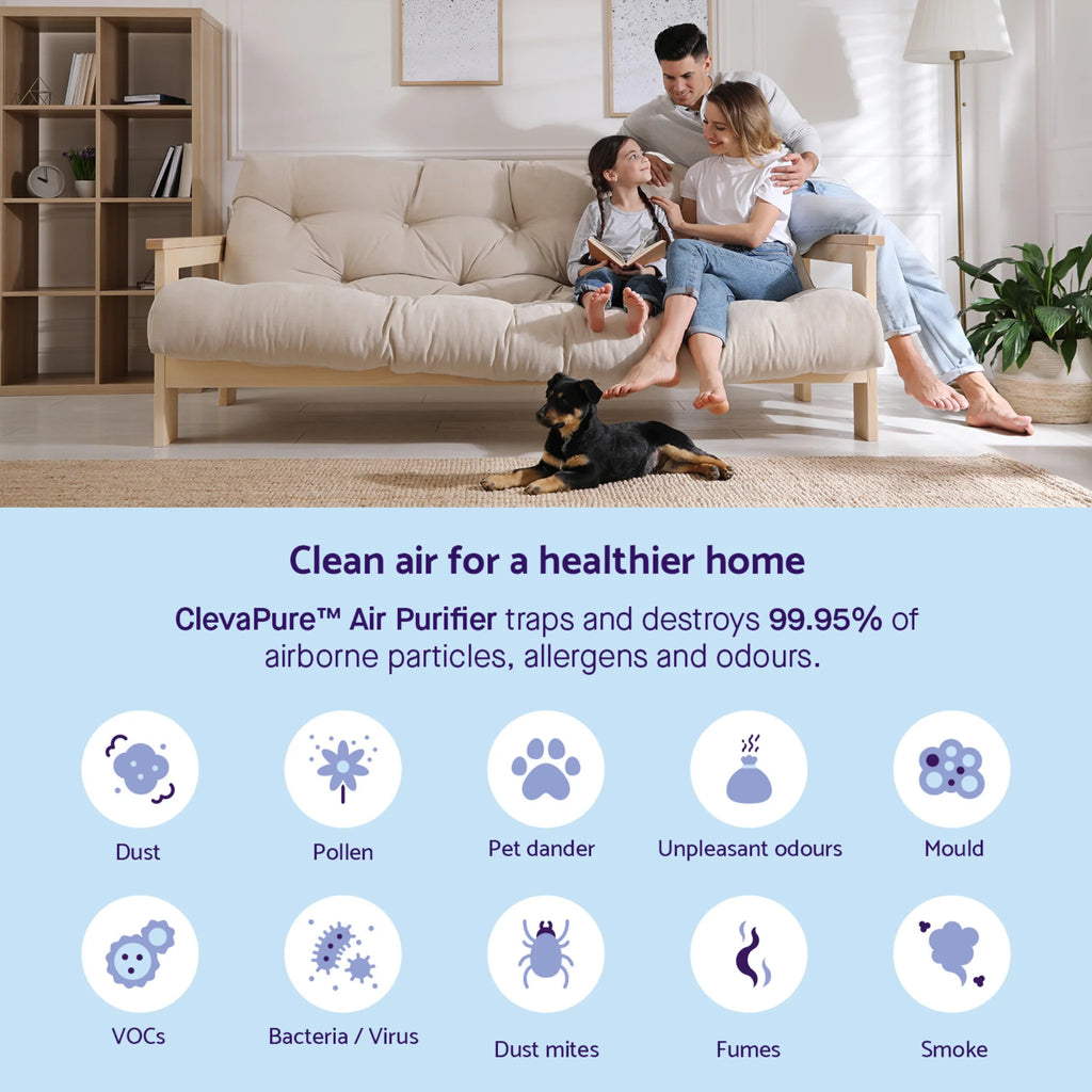 ClevaPure™ Air Purifier promoting clean air for a healthier home – removes 99.95% of airborne particles, allergens, and odours including dust, pollen, pet dander, mould, bacteria, viruses, VOCs, fumes, and smoke
