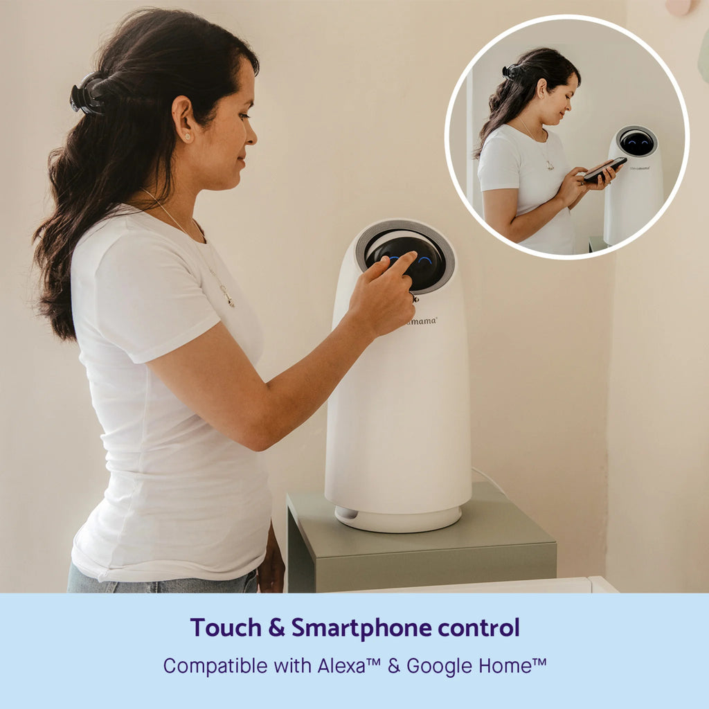 ClevaPure™ Air Purifier by ClevaMama with touch and smartphone control – compatible with Alexa and Google Home for smart home integration, allowing parents to adjust air quality settings easily from the device or mobile app