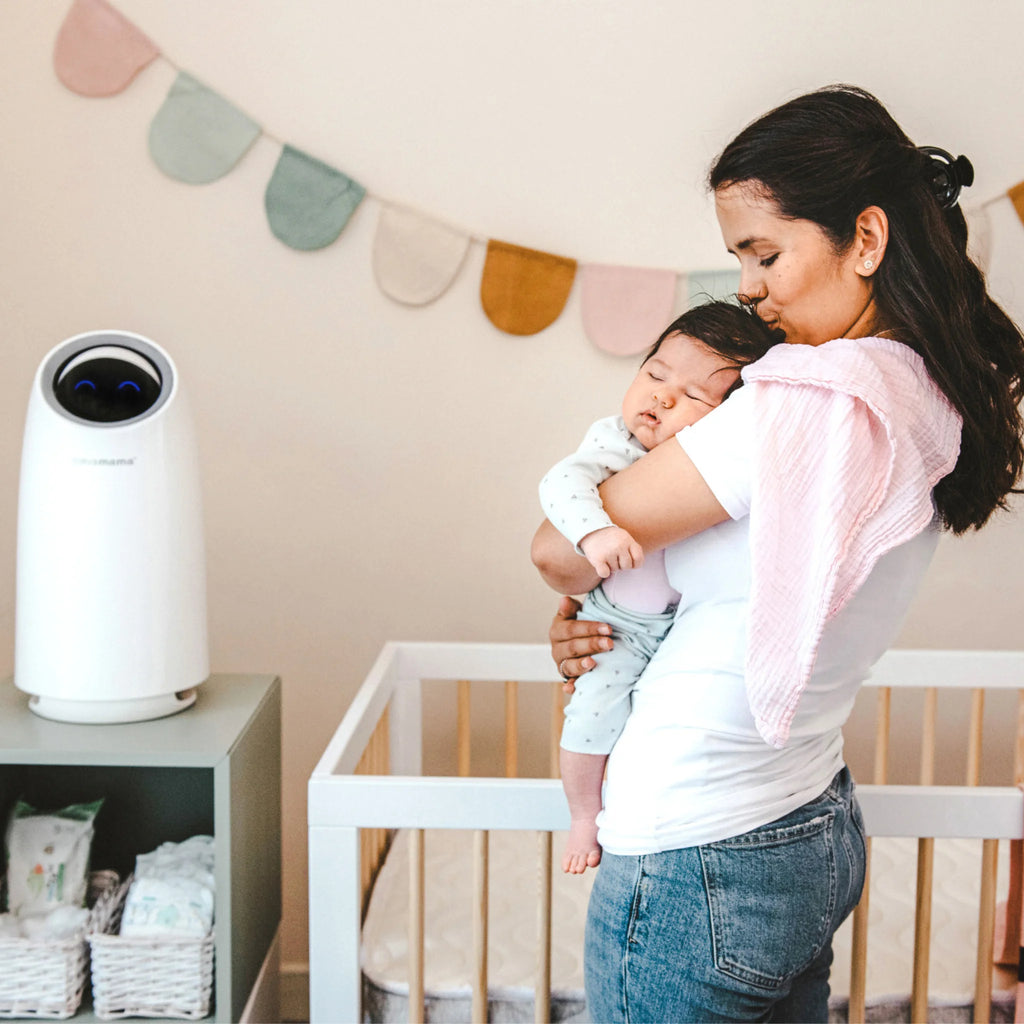 ClevaPure™ Air Purifier by ClevaMama in baby nursery – medical-grade HEPA 13 air purifier providing clean, safe, allergen-free air for newborns, helping parents create a healthier sleep environment"