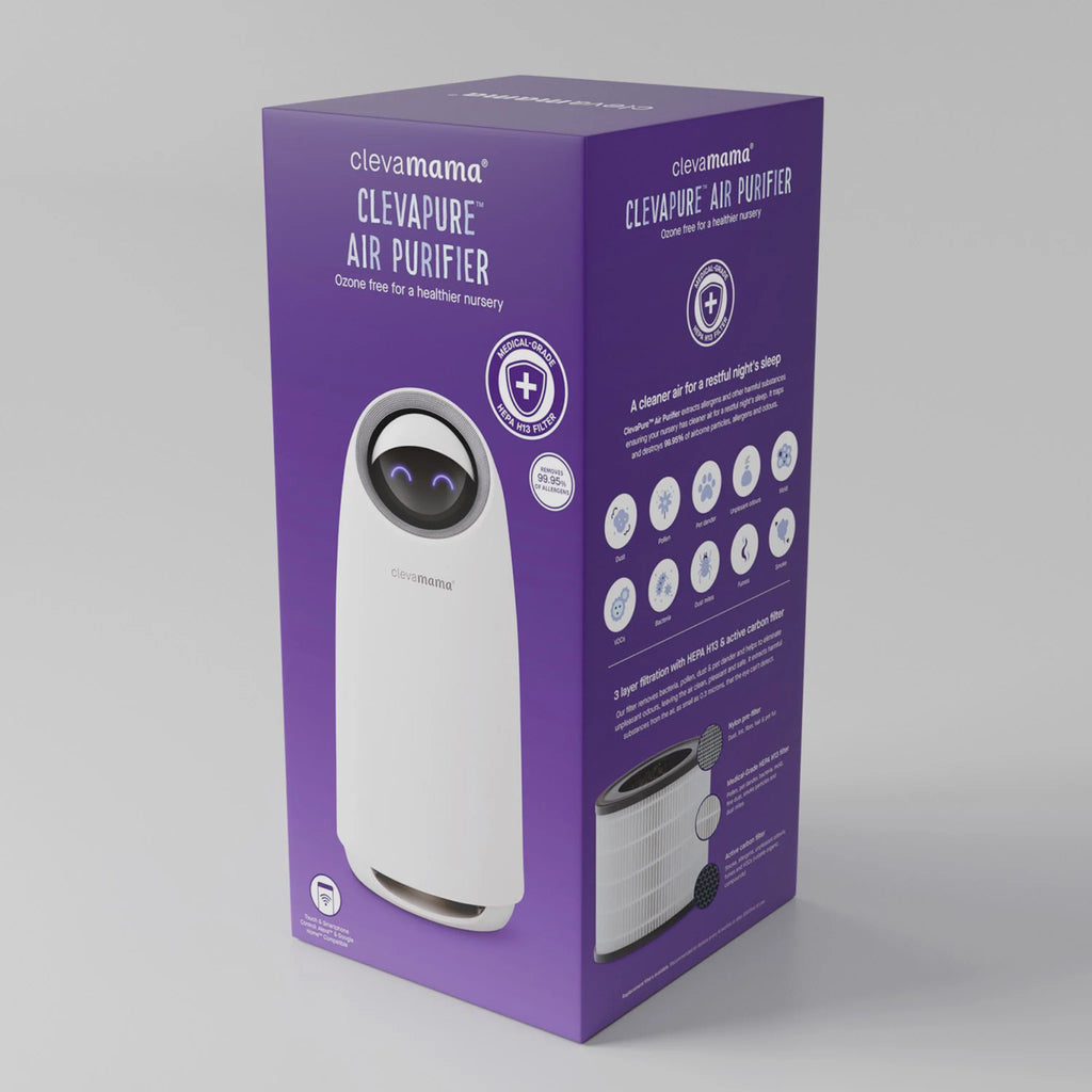ClevaPure™ Air Purifier by ClevaMama product packaging – ozone-free, medical-grade HEPA H13 filter removes 99.95% of allergens, dust, pollen, mould, bacteria, odours, and smoke, designed for healthier air in baby nurseries and family homes