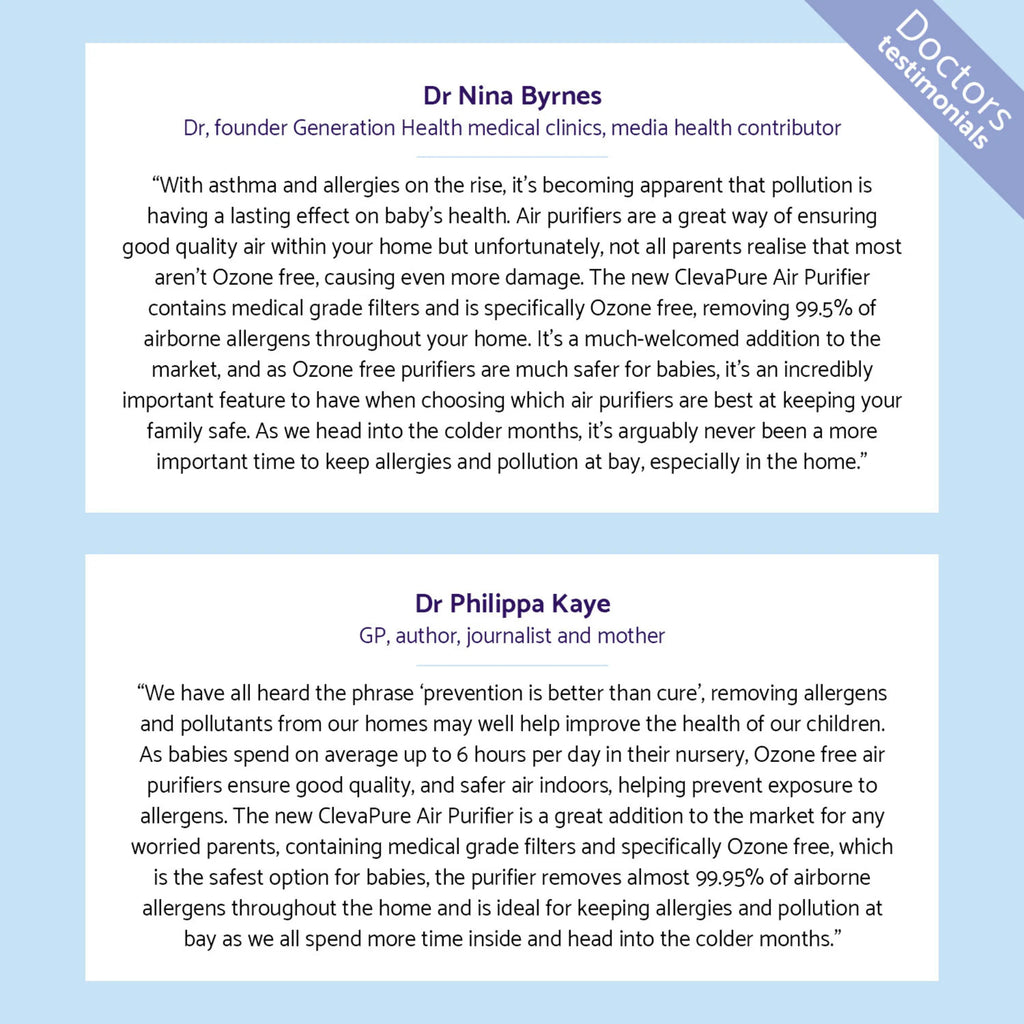 Doctor testimonials for ClevaPure™ Air Purifier by ClevaMama – Dr Nina Byrnes and Dr Philippa Kaye endorse the ozone-free medical-grade HEPA H13 purifier, highlighting its ability to remove 99.95% of airborne allergens, dust, pollen, mould, bacteria, viruses, and pollutants, making it the safest choice for babies and families to improve indoor air quality and reduce asthma and allergy risks