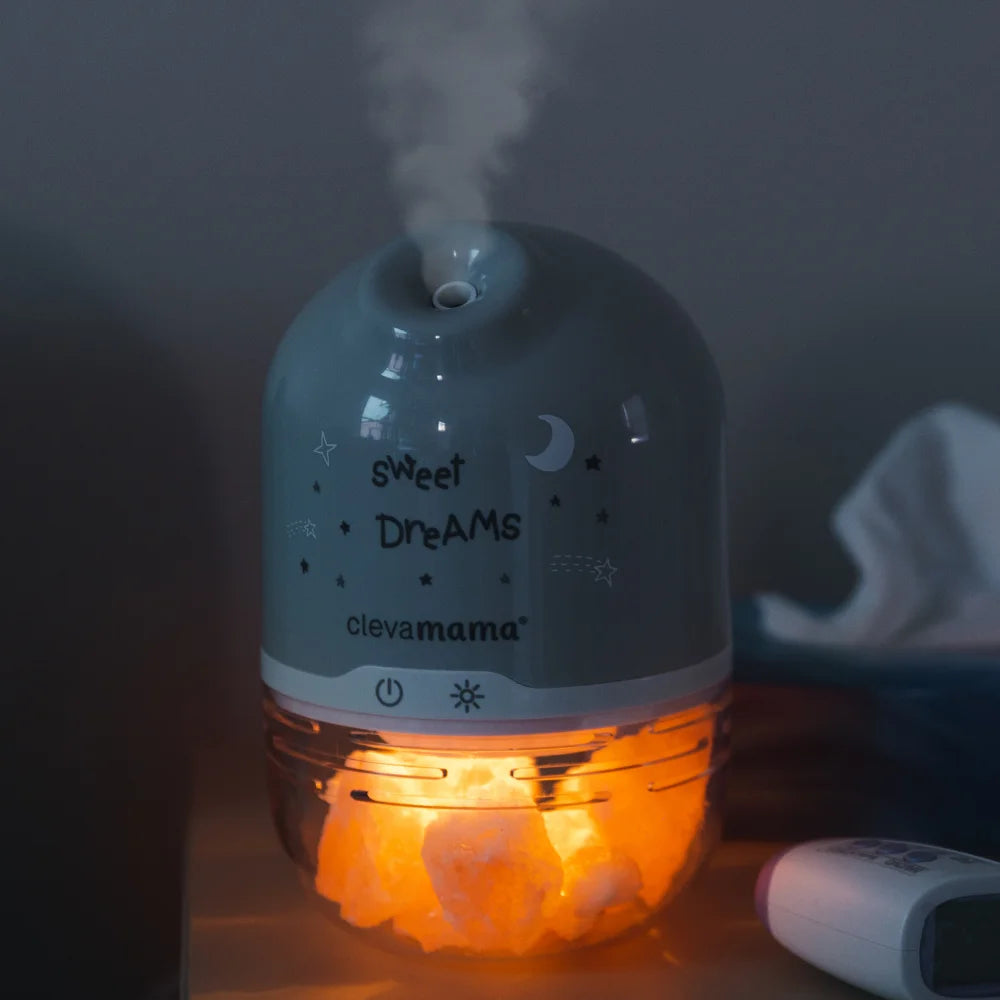 ClevaMama Himalayan Salt Lamp nightlight and diffuser on bedside table.