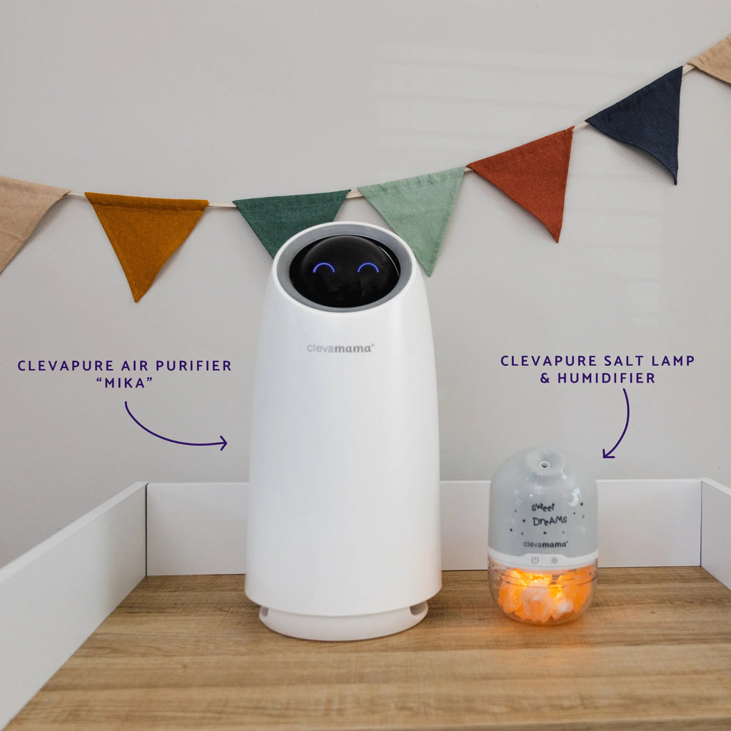 ClevaPure™ Air Purifier ‘Mika’ and ClevaPure Salt Lamp & Humidifier by ClevaMama – nursery wellness set combining medical-grade HEPA 13 air purification with soothing salt lamp and humidifier for cleaner, healthier air and better sleep for babies