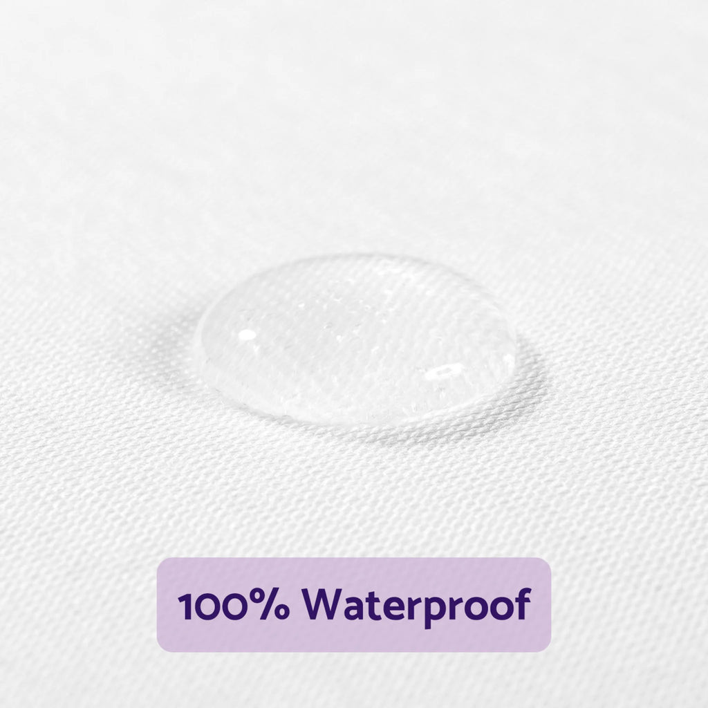 Close-up of waterproof material with a purple label indicating 100% waterproof feature.