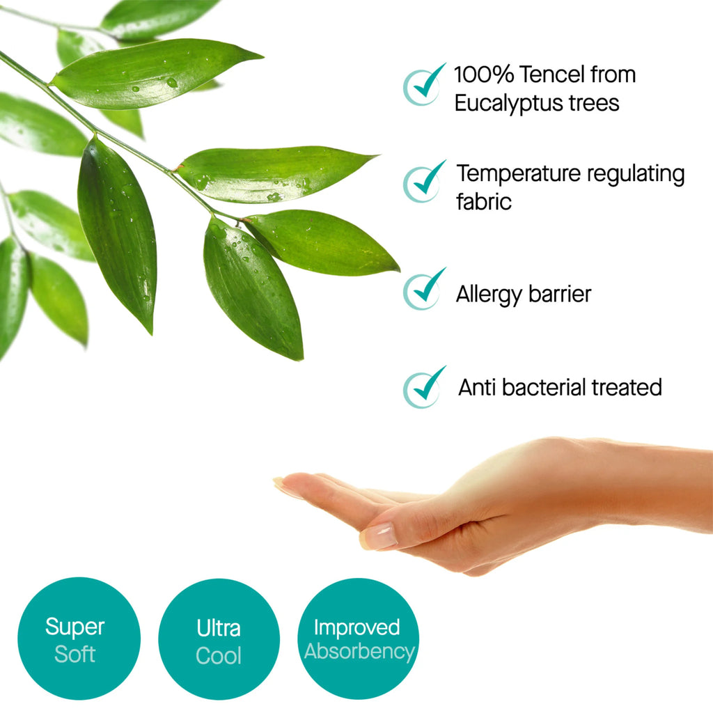 ClevaMama Tencel fabric benefits, 100% eucalyptus-based material with temperature regulation, allergy barrier, antibacterial treatment, super soft, ultra cool and improved absorbency.