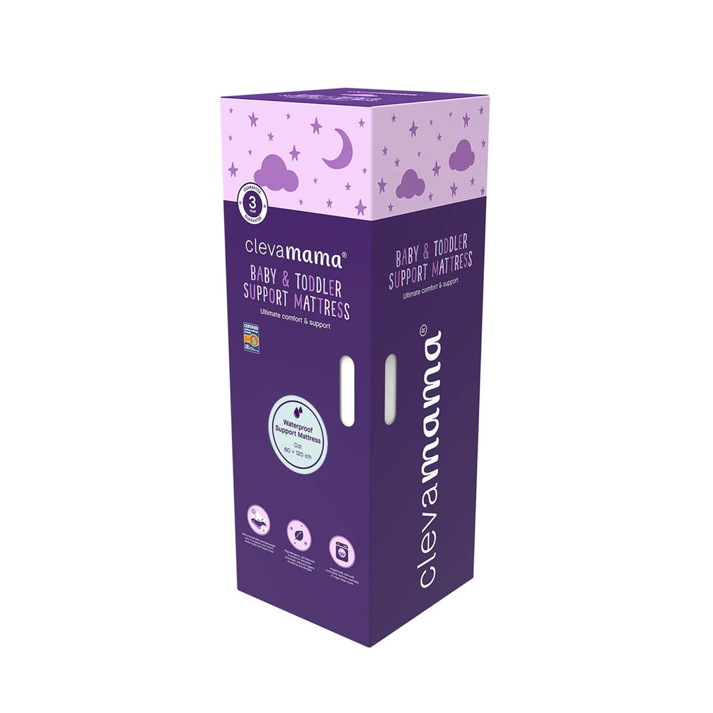 Clevamama Baby & Toddler Support Mattress packaging box, waterproof breathable hypoallergenic cot and crib mattress with foam support for infant comfort and safe sleep.