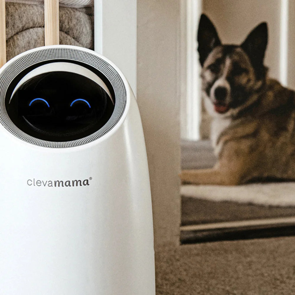 ClevaPure Air Purifier in Nursery with dog in the background of image.
