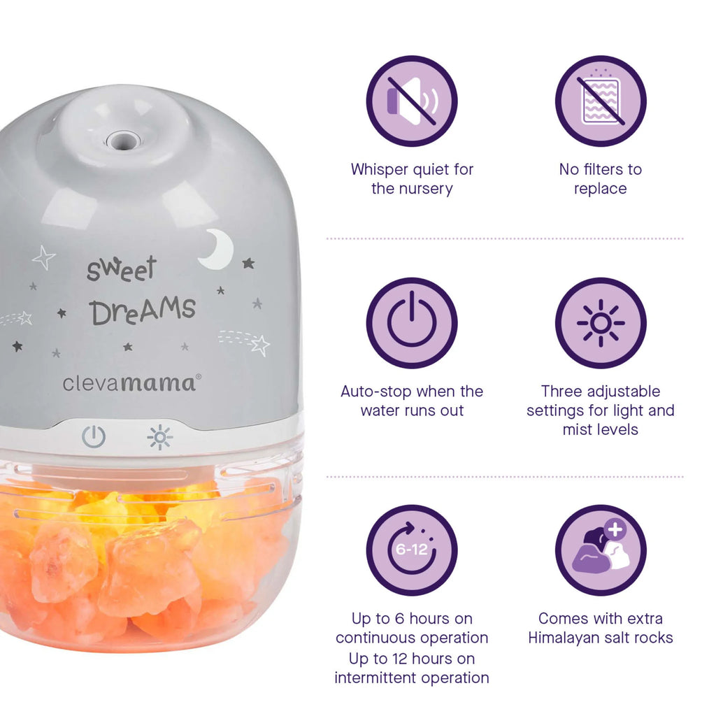 ClevaPure salt lamp humidifier diffuser with icons highlighting quiet operation, auto shut-off, and Himalayan salt base.