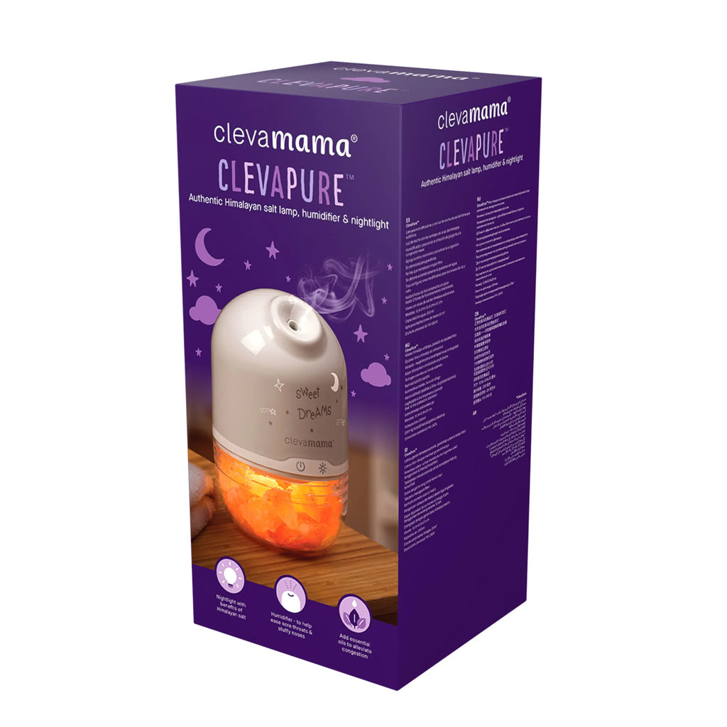 ClevaPure salt lamp humidifier diffuser night light product box packaging.
