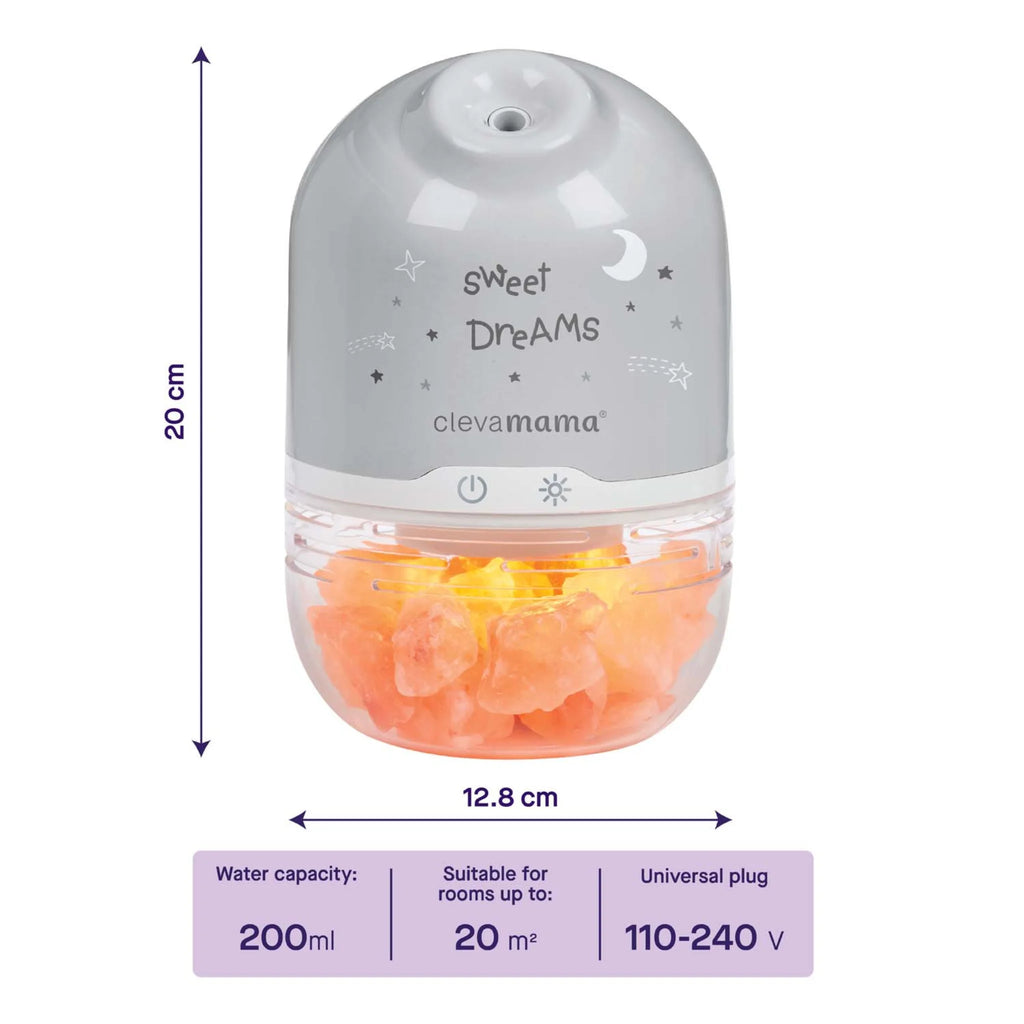 ClevaPure 3-in-1 salt lamp, humidifier, diffuser, and night light showing size and water capacity details.