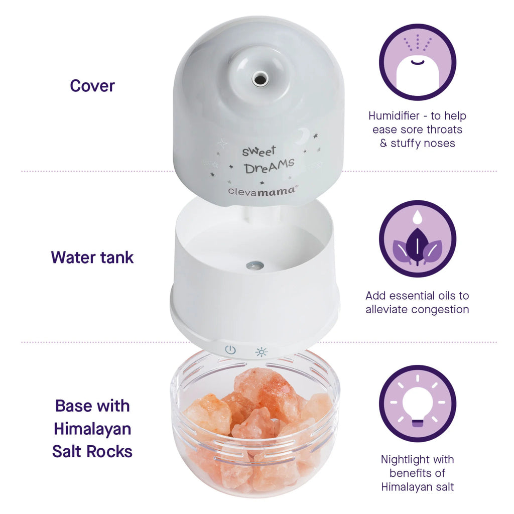 ClevaPure salt lamp humidifier diffuser showing cover, water tank, and Himalayan salt rock base.