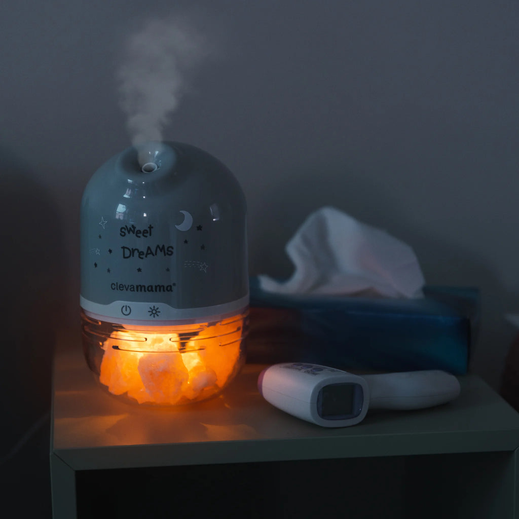 ClevaPure salt lamp night light and humidifier diffuser for nursery bedtime routine.